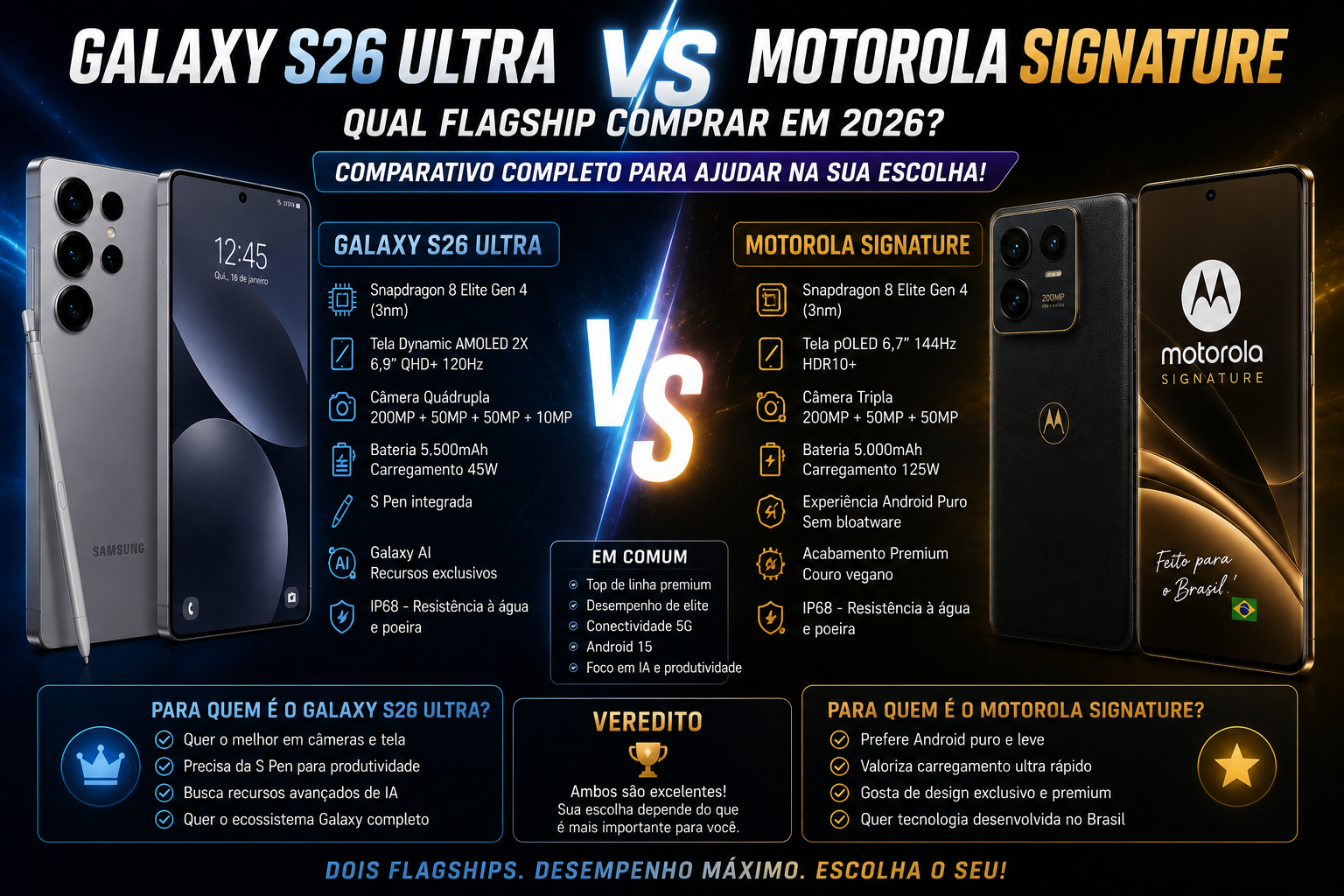 Galaxy S26 Ultra vs Motorola Signature: Qual Flagship Comprar em 2026?